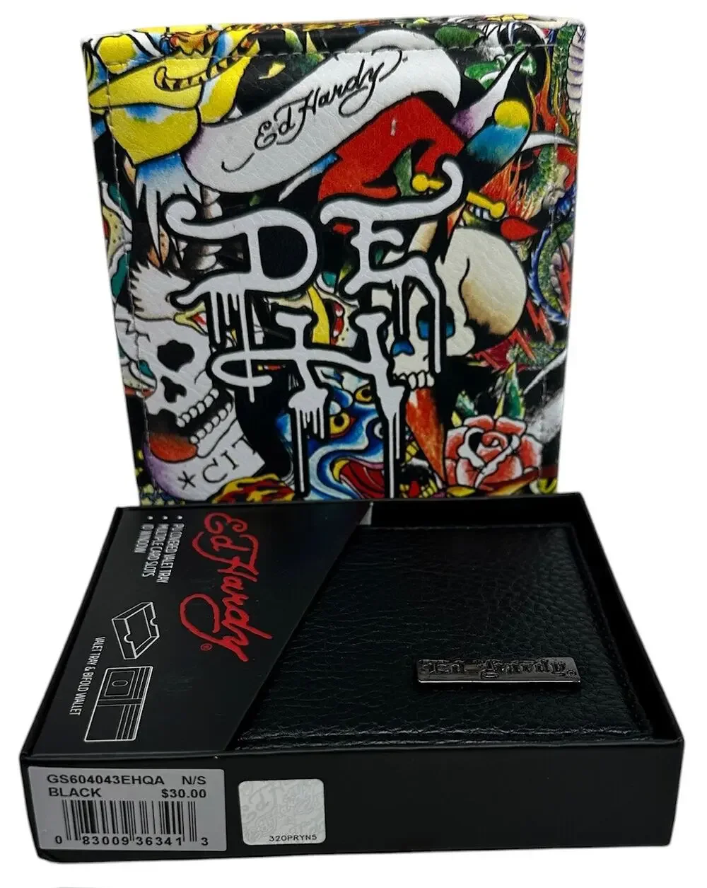 Ed Hardy Men's Bifold Black Wallet With Valet Tray Gift Box